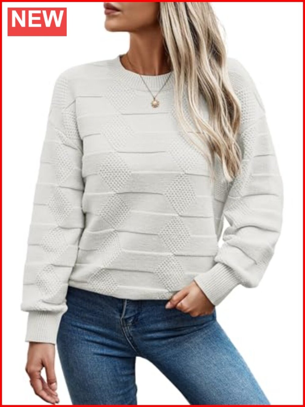 Womens Oversized Knit Pullover Sweater Crewneck Long Sleeve Checkered Fall